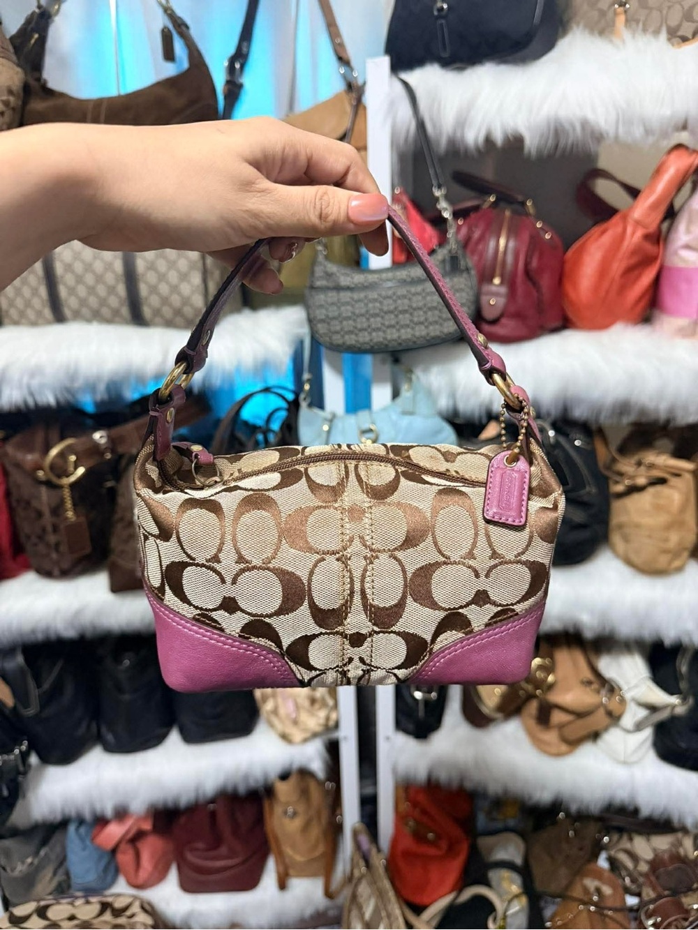 Coach Monogram Canvas Wristlet with Pink Leather Trim